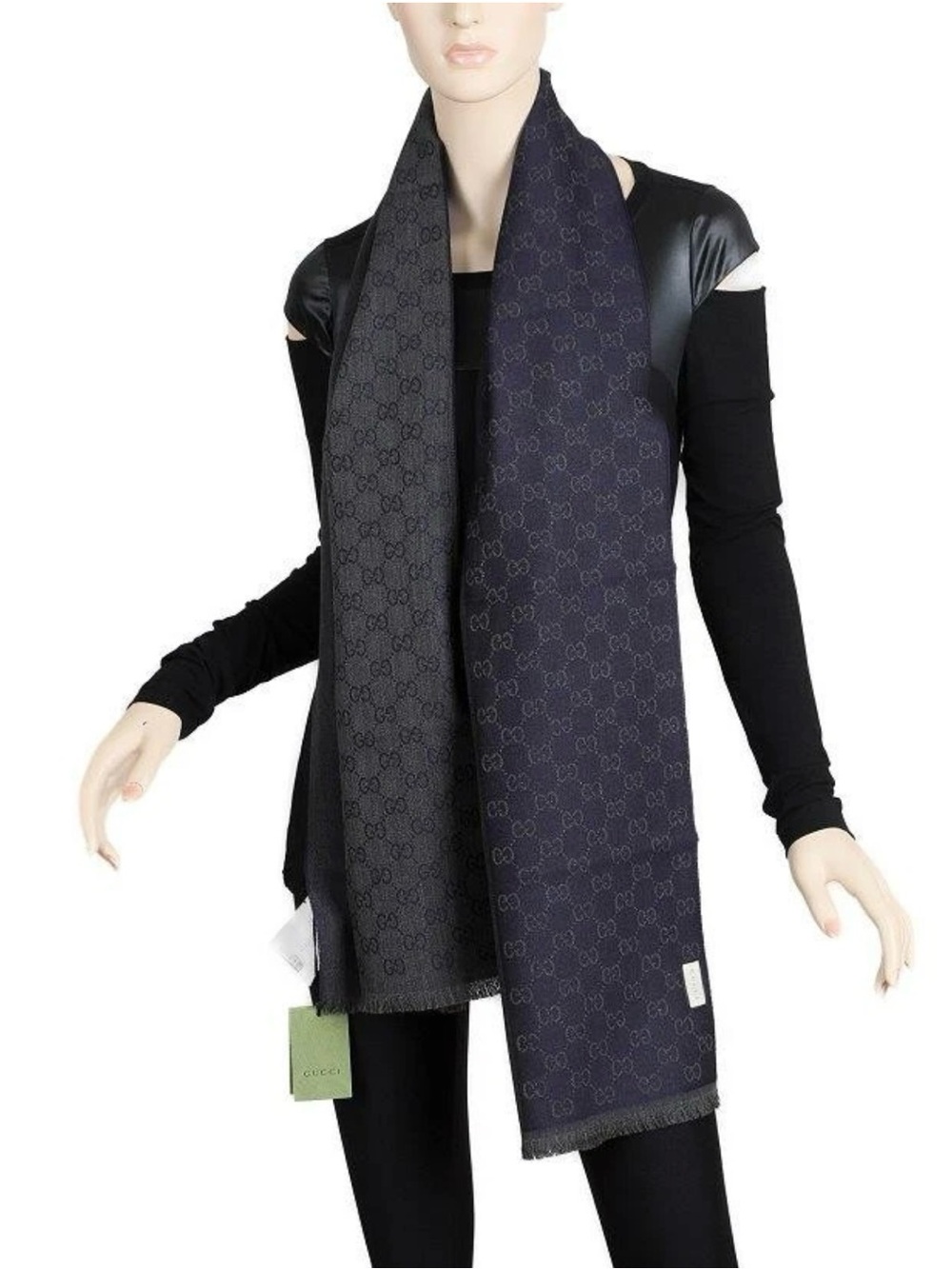 Gucci Reversible Navy and Gray Monogram Wool Scarf New w/tags Unisex